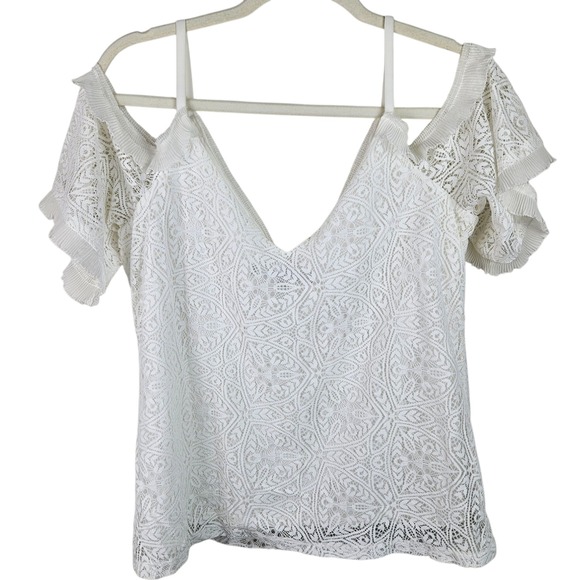 White House Black Market White Lace Ruffle Cold Shoulder‎ Top Size M - Picture 12 of 12